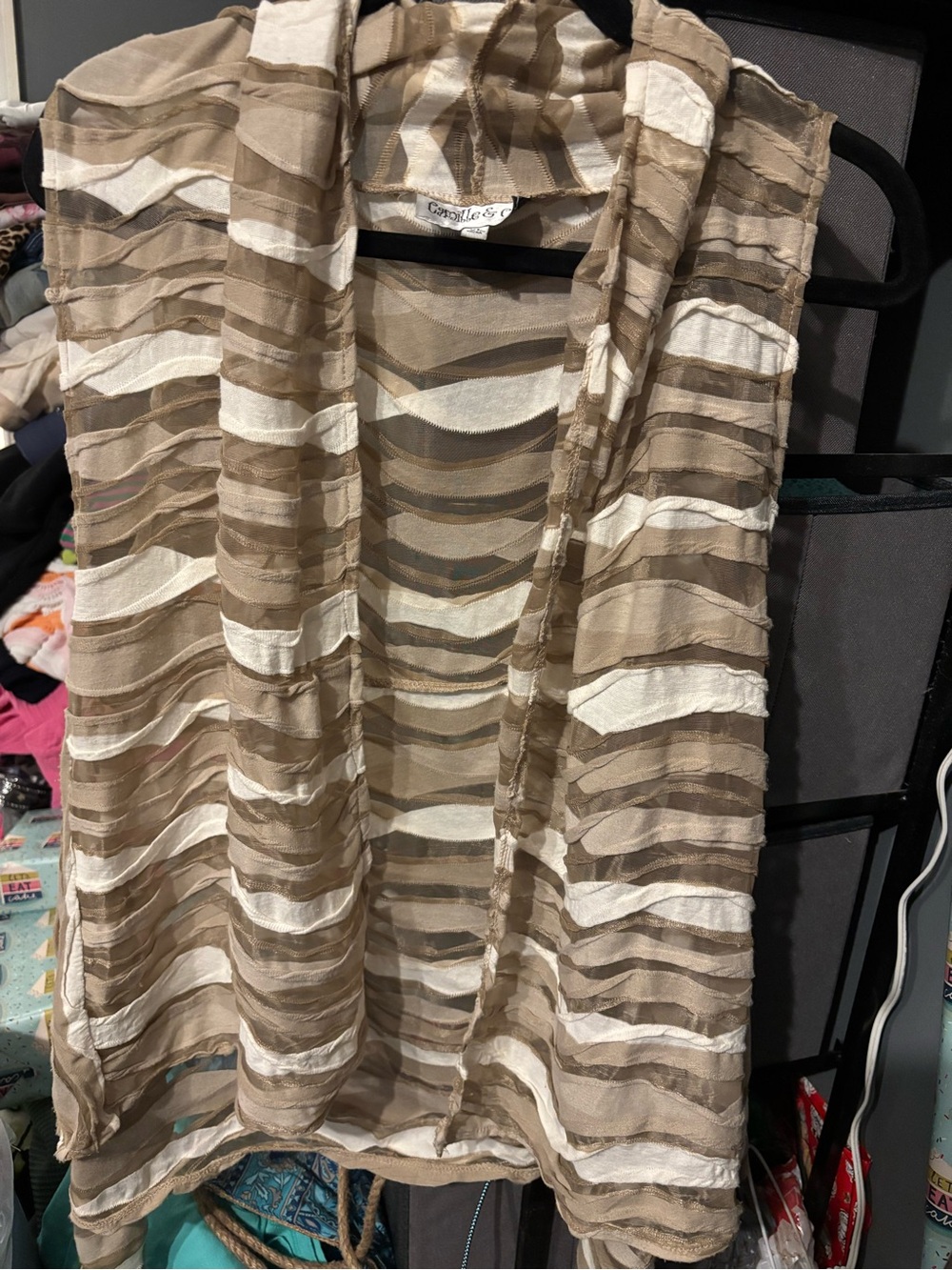 Lightweight Beige & White Striped Sleeveless Cardigan by Camille and Co XL